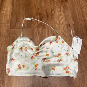 Zara Blogger Favorite Satin Effect Floral Drape Neck Halter Crop Top Size Small